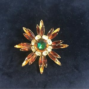 Dazzling 1960s RHINESTONE BROOCH Gold Tone w/ Amber, Clear, & Green Rhinestones